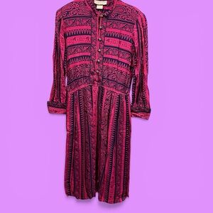 Cute vintage 80s boho gypsy vibes maxi dress button front pink aztec paisley